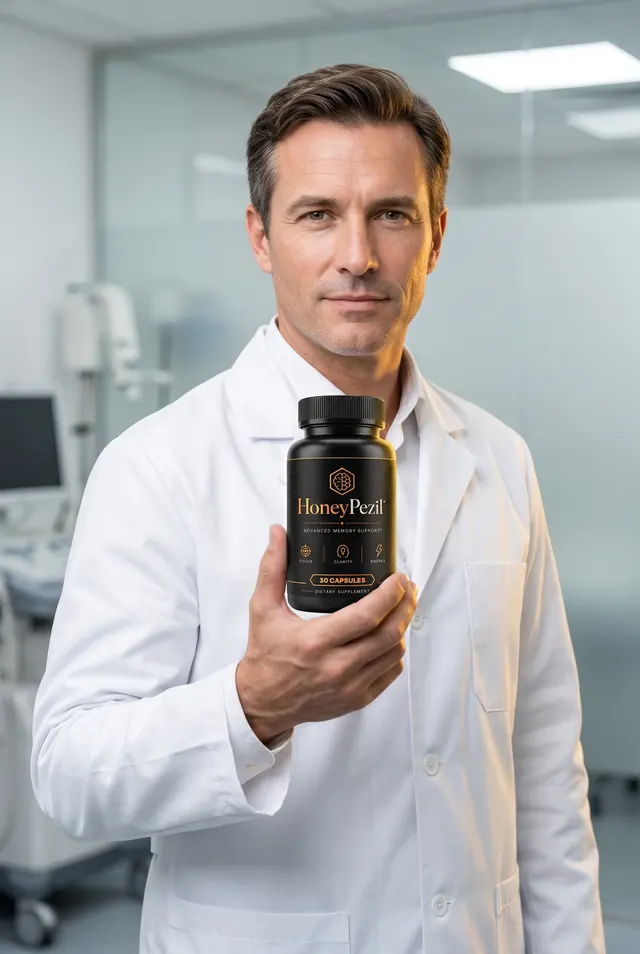 A practitioner holding the HoneyPezil memory support bottle