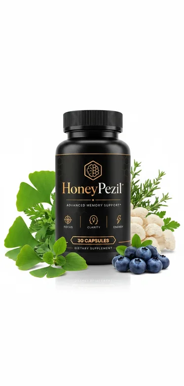 HoneyPezil memory support capsule bottle in the brand marketing scene with leaves and berries