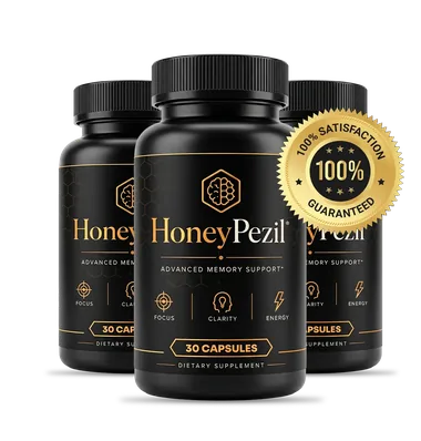 HoneyPezil 3-bottle pack shown with the 60-day money-back guarantee seal