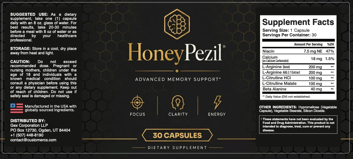 HoneyPezil supplement facts panel showing niacin, calcium, L-arginine, L-citrulline and beta-alanine amounts per capsule